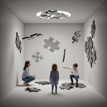 Woman and two children interacting with large floating and floor-based translucent grey puzzle pieces in a minimalist white room with a circular ceiling light fixture.