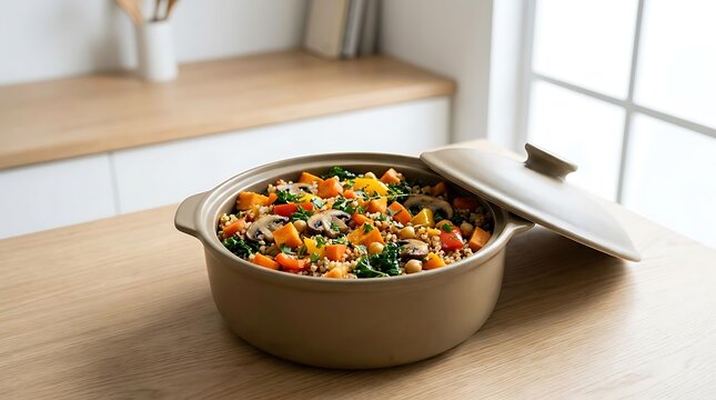 Fresh vegetable salad in a green bowl on a wooden table in a bright kitchen. one-pot meal ideas