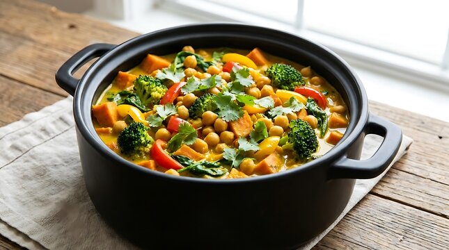 Delicious vegetable curry with chickpeas and broccoli in a black pot on a wooden table. one-pot meal ideas