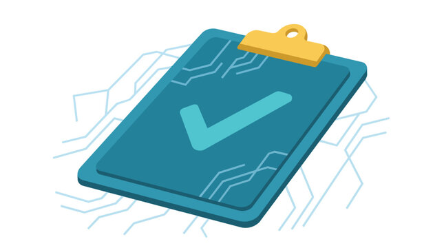 Digital verification clipboard with checkmark and circuit patterns flat vector illustration for cybersecurity compliance reports