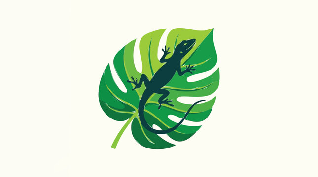 Tropical lizard silhouette on monstera leaf vector, exotic gecko on green jungle foliage, wildlife reptile and botanical plant illustration