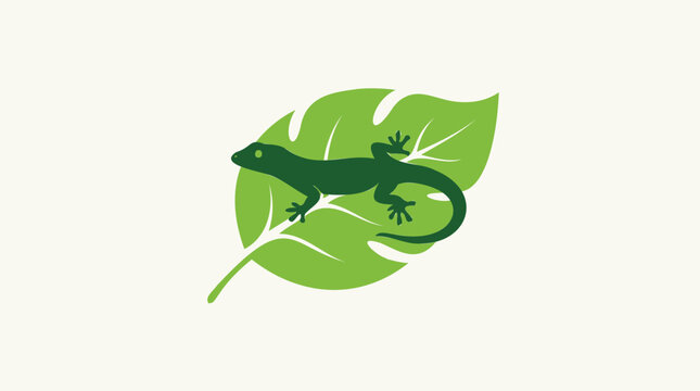 Minimalist gecko lizard logo on tropical leaf, green reptile silhouette vector icon, exotic wildlife and nature conservation branding element