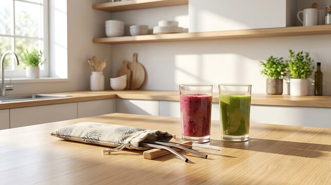 Fresh berry and green vegetable smoothies in glasses on a wooden kitchen counter. Reusable straw carriers