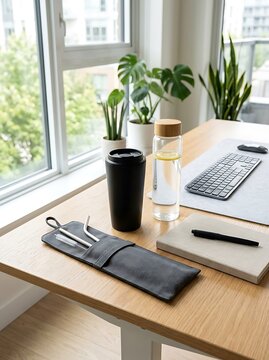 Modern office desk with black coffee mug metal straws and computer keyboard in bright sunlight. Reusable straw carriers