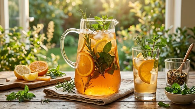 Fresh iced tea with lemon slices and herbs in a glass pitcher on a wooden table in the garden. summer refresher recipe