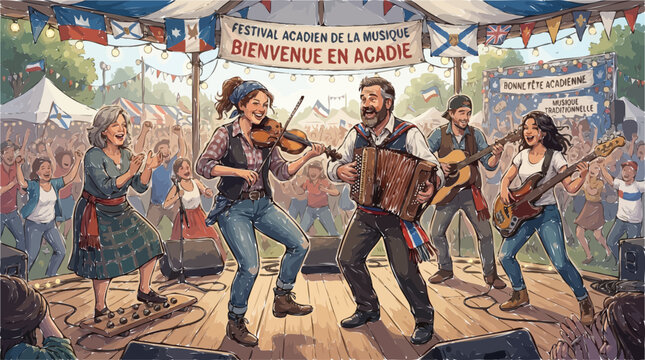 Acadian music festival illustration, traditional folk band performing on outdoor stage, festive cultural celebration with musicians and dancers