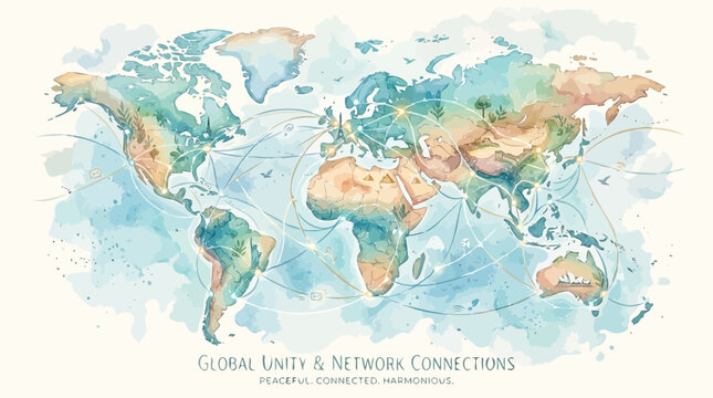 Watercolor world map with global unity and network connections, artistic earth atlas vector, peaceful connected harmonious communication concept