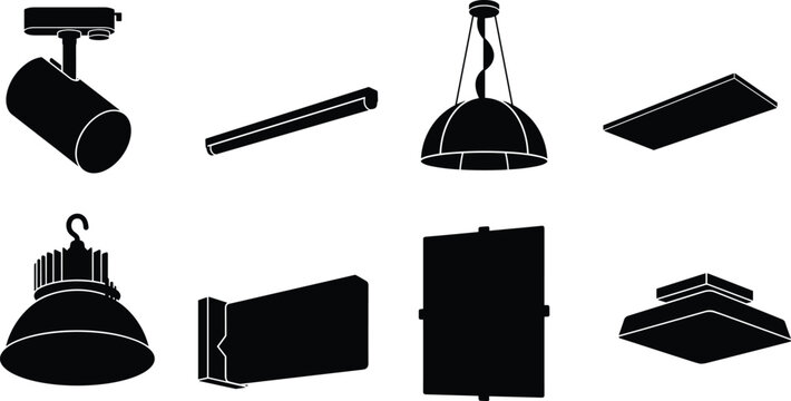 Modern interior and industrial lighting fixtures solid black icon set featuring ceiling pendant and track lamps