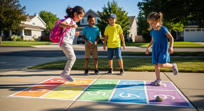 Happy children playing hopscotch on colorful outdoor pavement in sunny neighborhood