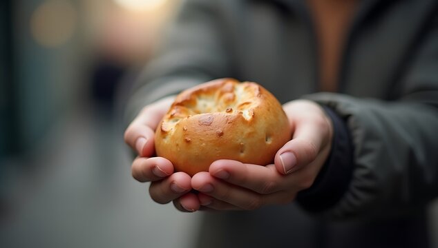 Person holding a freshly baked bread roll in their hands outdoors.