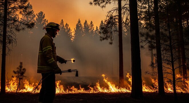 Solitary firefighter battling wildfire under dramatic orange skies in dense forest