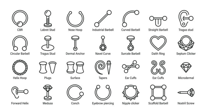 Body Piercing Jewelry Icons Set
