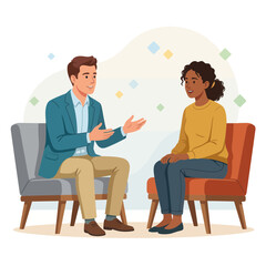 Obraz premium Diverse couple in therapy session, discussing issues with a counselor in a modern, flat vector illustration style.