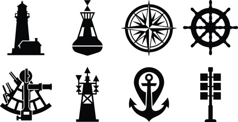 Obraz premium Set of black silhouette nautical navigation icons featuring lighthouse, ship wheel, compass rose, anchor, and marine buoy