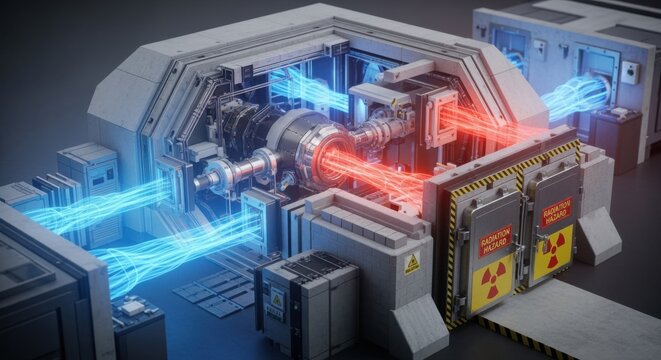 3D rendered visualization of a PETisotope cyclotron target vault highlighting airflow and radiation barrier systems for personnel safety.