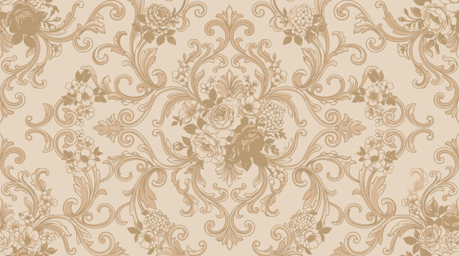 Elegant seamless floral baroque pattern on a beige background.