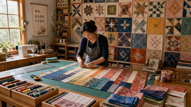 Quilting Corner: A woman meticulously crafts a vibrant quilt in her cozy, sun-drenched studio, surrounded by shelves filled with colorful fabrics and patterned quilt blocks.