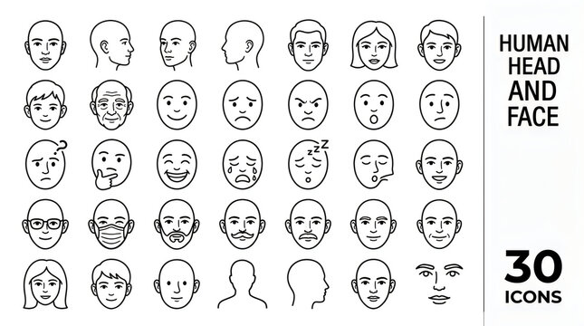Set of 30 different human face expressions and head icons in black and white