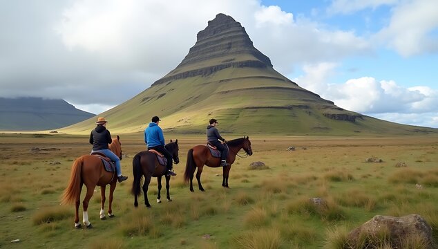 Three people horseback riding in a vast landscape with a distinctive mountain peak.
