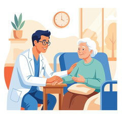 Obraz premium Doctor comforting elderly patient in hospital bed, illustration of care and compassion in healthcare.