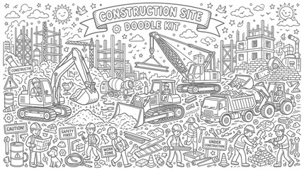 Obraz premium Busy urban construction site with heavy machinery, cranes and workers at work.