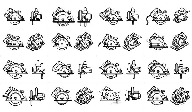 Circular Saw Line Icon Set Front and Side View Outline Collection of Power Tools for Woodworking Vector Illustration