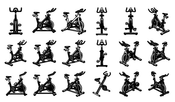 Spinning Bike Vector Set Collection of Exercise Bicycles in Various Angles Black and White Line Illustration