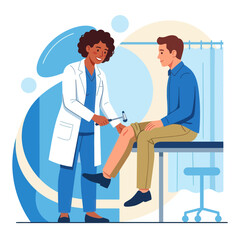 Obraz premium Doctor examining patient's knee reflex with reflex hammer in a modern clinic, vector illustration