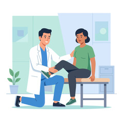 Fototapeta premium Doctor examining patient's leg in a clinic, vector illustration, medical consultation and rehabilitation concept