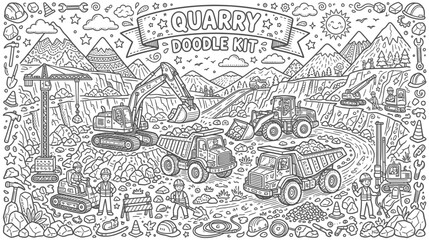 Fototapeta premium Doodle Quarry Scene with Heavy Machinery and Construction Activity.
