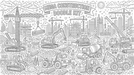 Fototapeta premium Illustrated construction site with heavy machinery and urban development scene.