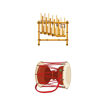 Indonesian traditional musical instruments angklung and kendang isolated on white