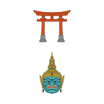 Traditional Asian cultural symbols featuring a Japanese torii gate and a Thai giant demon mask