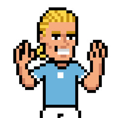 Obraz premium Pixel Art Erling Haaland Blonde Male Athlete Celebrating Victory with Raised Hands Vector Illustration