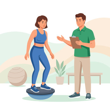 Fitness Trainer Instructing Woman on Bosu Ball for Balance and Core Strength Training