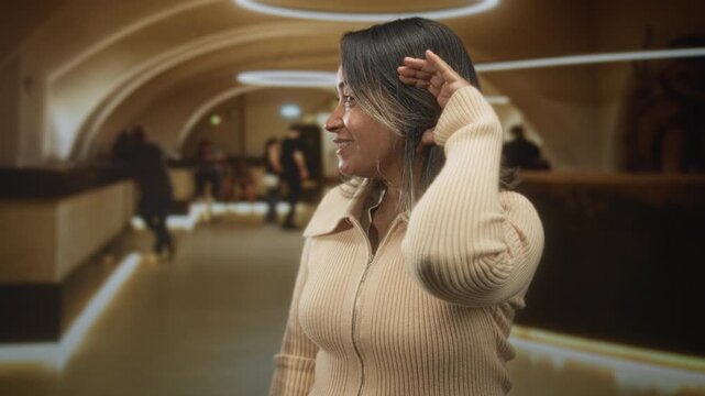 Hispanic woman shading eyes with hand at hotel reception counter wearing beige zip sweater and necklace; calm travel.