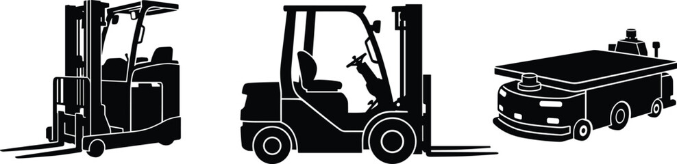 Black and white vector silhouette set of industrial forklifts and an automated guided vehicle robot for logistics © RAFIQUL