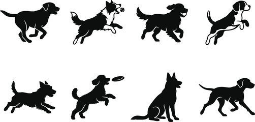 Naklejka premium Black and white vector silhouettes of various dogs running, playing, and posing on white background