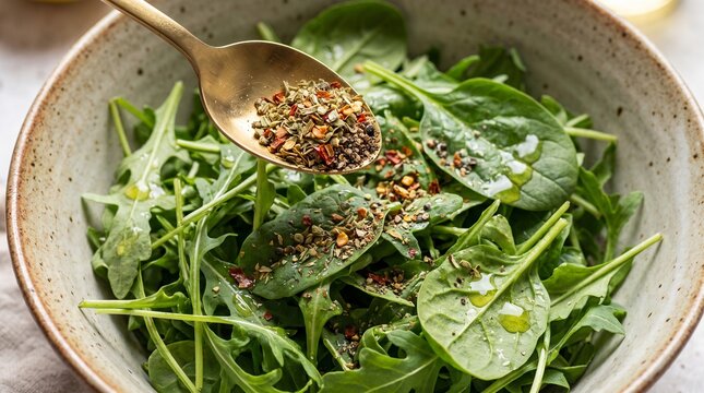 Fresh green spinach and arugula salad being seasoned with dry spices using a metal spoon in a bowl