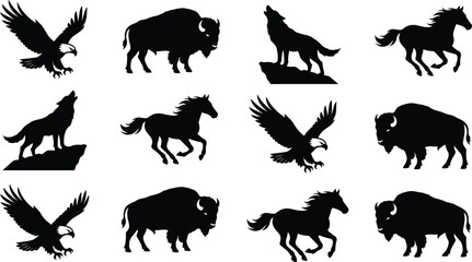 Fototapeta premium North American wild animal silhouettes set featuring flying eagle bison galloping horse and howling wolf vector illustrations