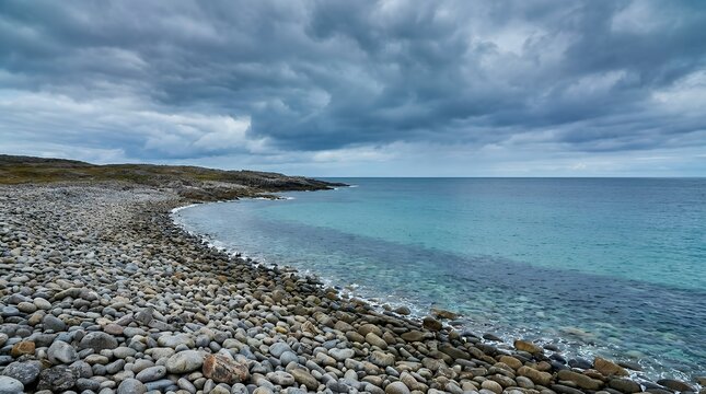 Expansive coastal panorama showcasing rounded stones shoreline alongside crystalline azure waters beneath dramatic overcast sky  expansive coastal view pebble beach scenery turquoise ocean waters