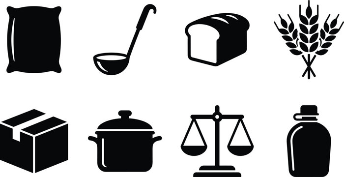 Set of food and supply icons featuring sack, soup ladle, bread loaf, and wheat ears