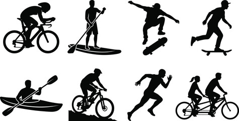 Fototapeta premium Outdoor sports and adventure activities silhouettes set featuring cycling paddleboarding skateboarding kayaking running and tandem bike riding isolated on white