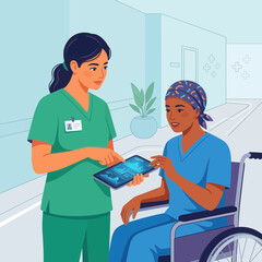 Obraz premium Nurse Shows Medical Data on Tablet to Patient in Wheelchair, Hospital Corridor Setting