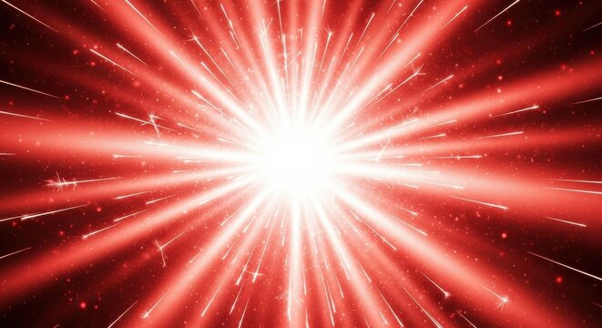 Abstract background featuring a central white light burst emitting radiant red rays and glowing sparks. Includes shimmering star particles and linear light streaks on a dark red backdrop.