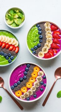 Top-down view of three vibrant smoothie bowls containing purple dragon fruit and green bases, topped with rows of sliced bananas, strawberries, blueberries, and chia seeds.