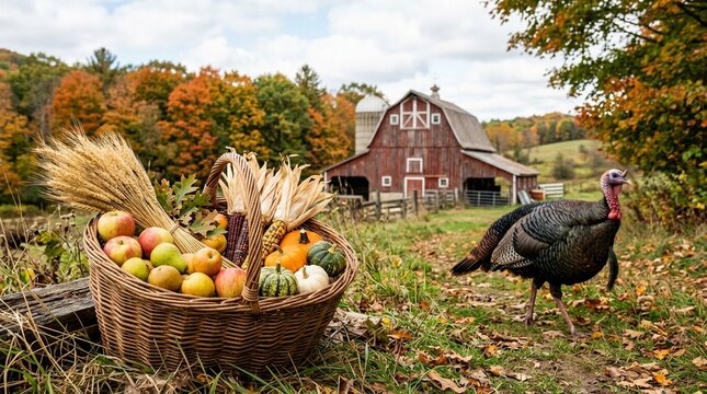 A rustic autumn scene featuring a wicker harvest basket overflowing with fresh apples, corn, and gourds, with a wild turkey roaming free near a traditional red barn surrounded by colorful fall foliage