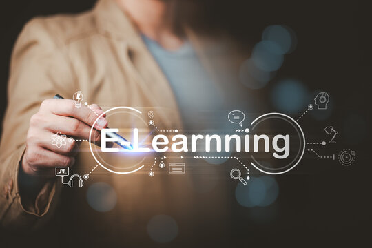 Corporate trainer promoting e-learning, digital education, online training, virtual classroom, professional development, distance learning, knowledge sharing, education technology, skill development