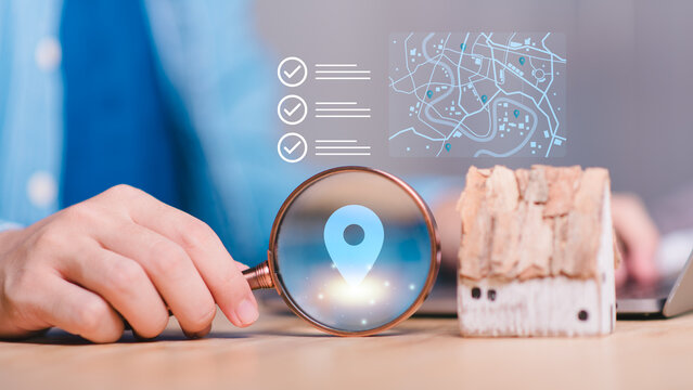 real estate agent evaluates residential locations digital mapping, property search, geolocation, home selection, location analysis, navigation, market research to support confident buying decisions.
