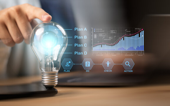 Business strategist develops strategic planning through the PDCA cycle, continuous improvement, performance analysis, business growth, action plan, process optimization, data insights, decision making